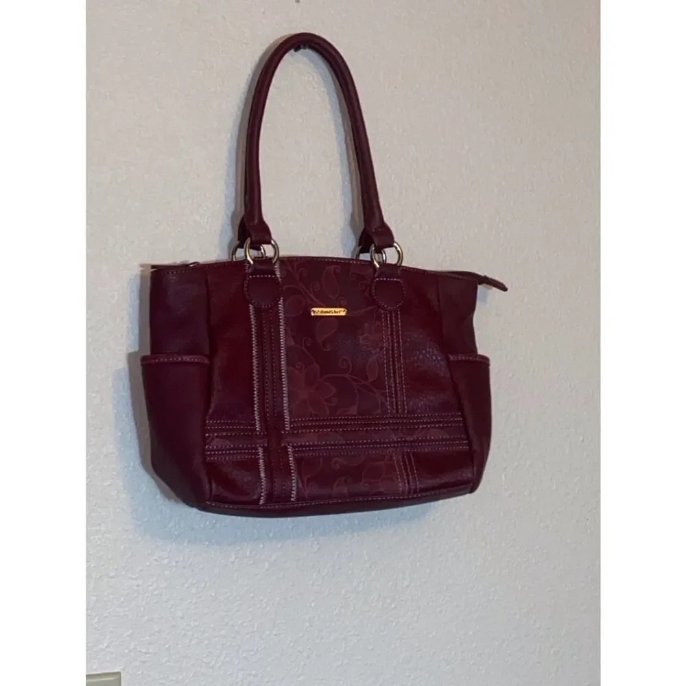 St John’s Bay Women's Floral-Embossed Shoulder Bag in Burgundy